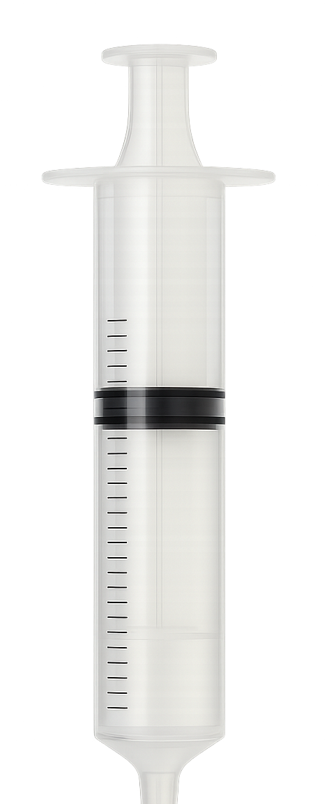 A large medical syringe with black measurement markings, no needle, and a plunger at the top.