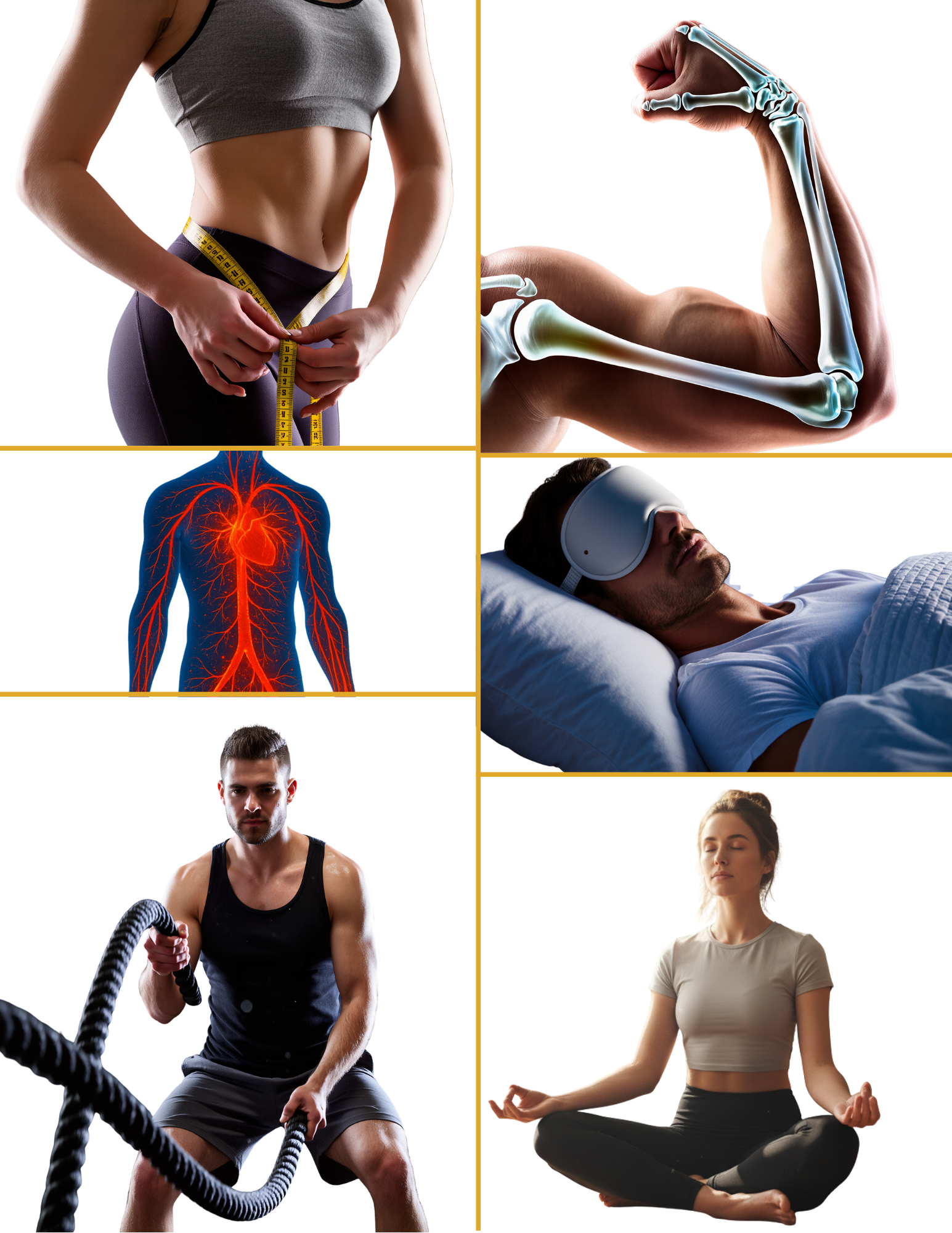 Collage of images related to health and fitness: a woman measuring her waist, a flexed bicep with a skeleton overlay, a person with illuminated circulatory system, a man sleeping with virtual reality headset, a man exercising with battle ropes, and a woman meditating.