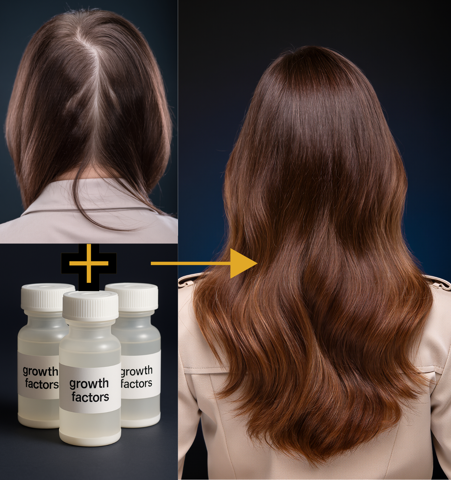 Before and after images of hair transformation showing a woman with short, straight hair on the left, and long, wavy hair on the right, with bottles labeled 'growth factors' suggesting hair growth treatment.