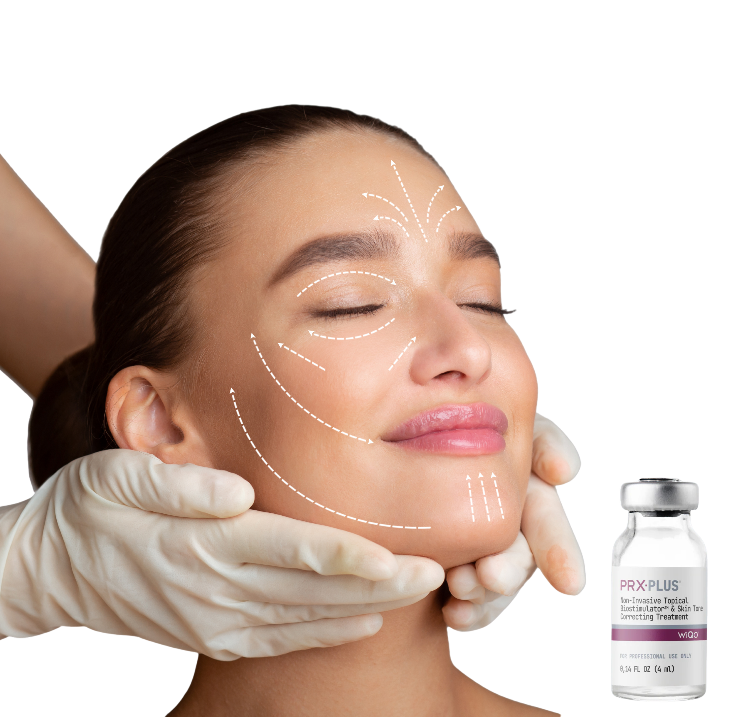 A woman receiving a facial treatment, with dotted white lines indicating areas to be treated on her face. A bottle labeled PRX-PLUS is in the foreground, and a gloved hand supports her chin.