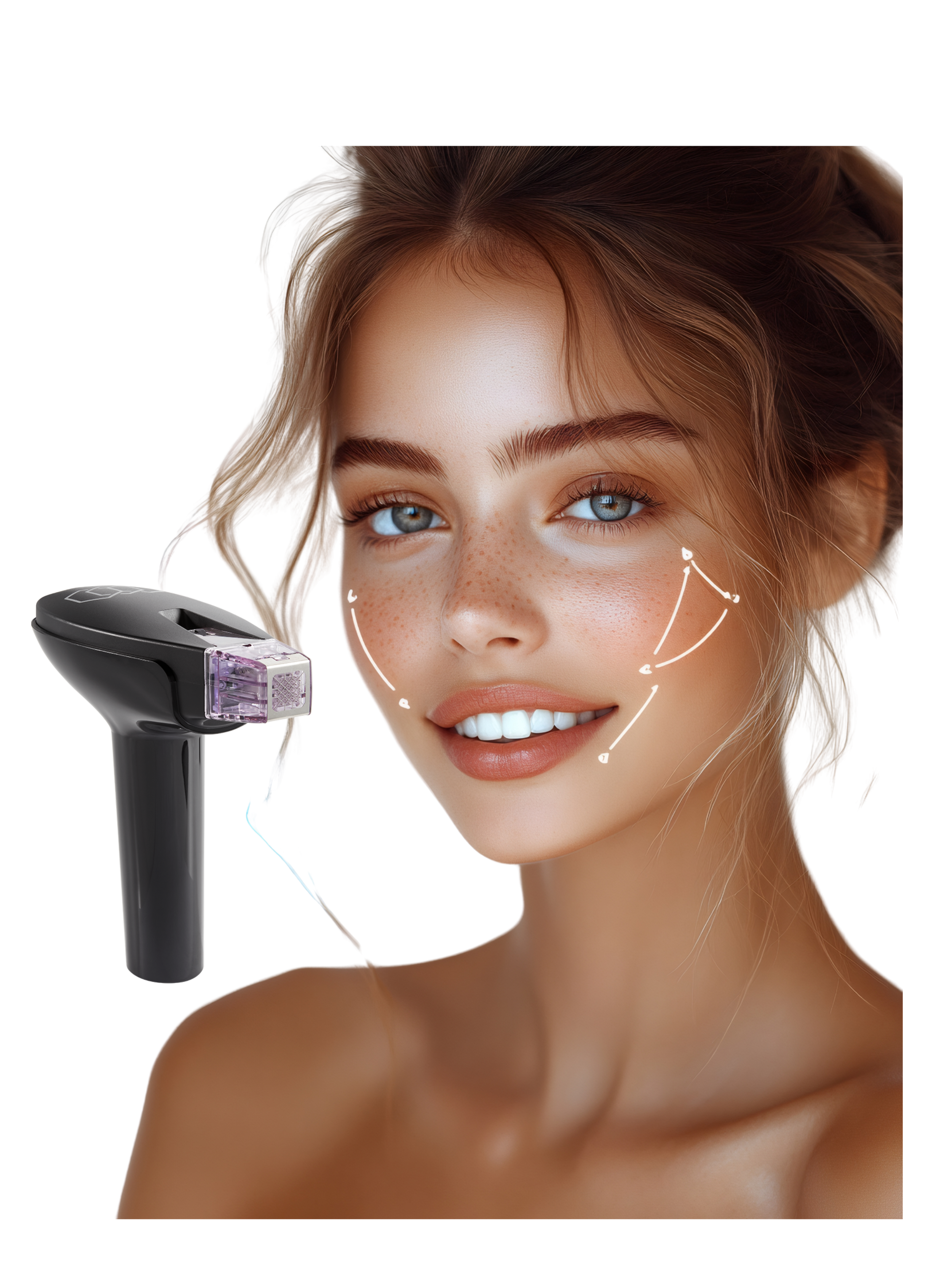 A woman with blonde hair and blue eyes smiling at the camera, with digital lines around her face indicating a beauty or skin analysis process, and a handheld skin scanner device next to her face.