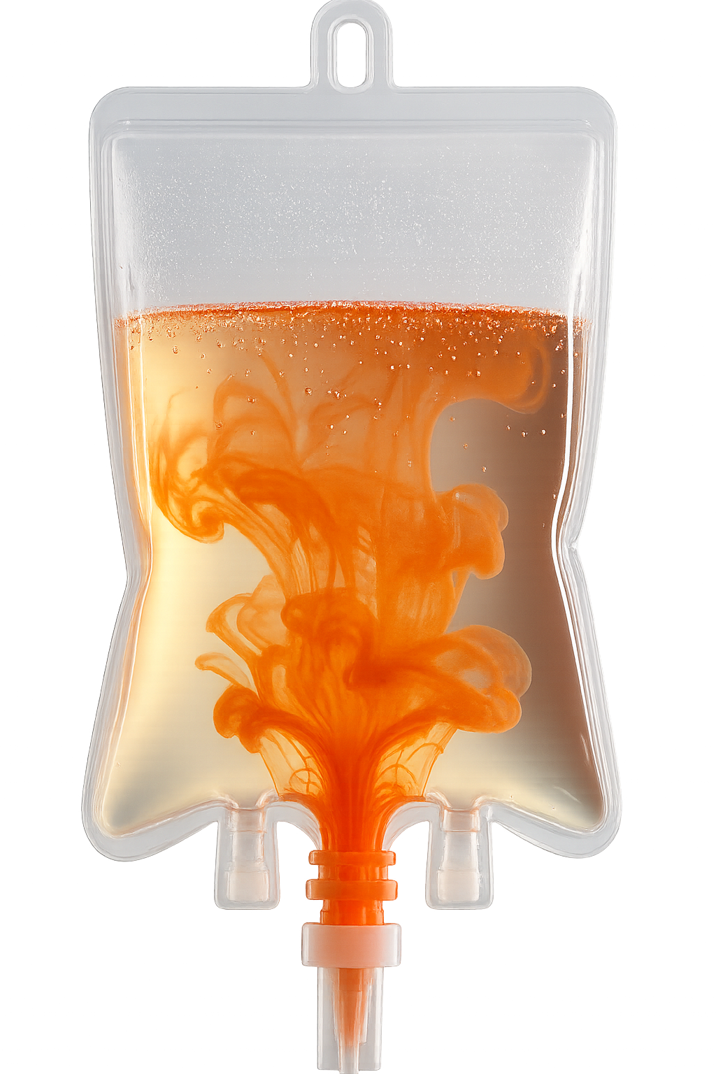 Close-up of a medical IV bag with orange liquid, with swirling orange dye inside.