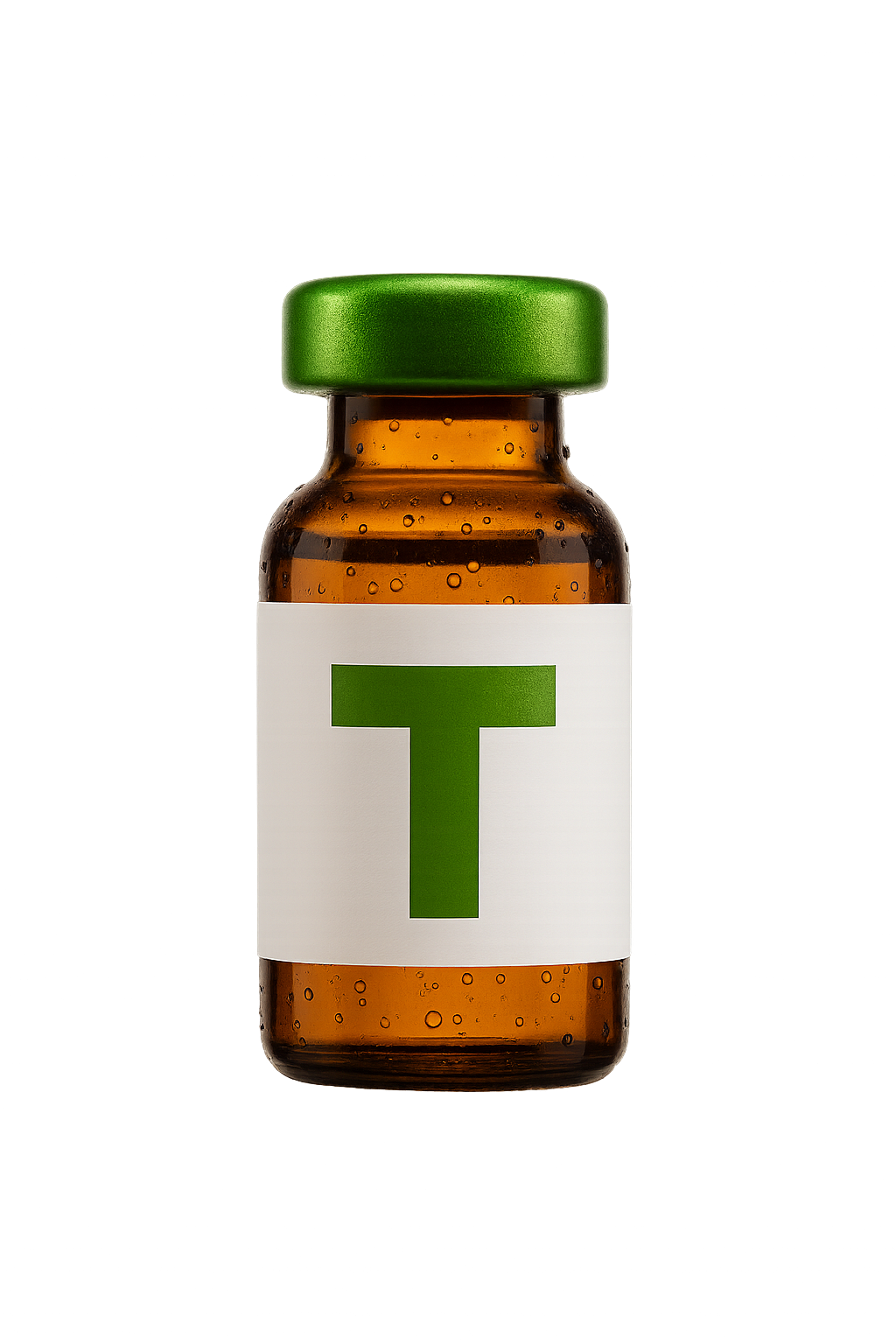 A small amber glass bottle with a green cap and a white label featuring a large green letter 'T'.