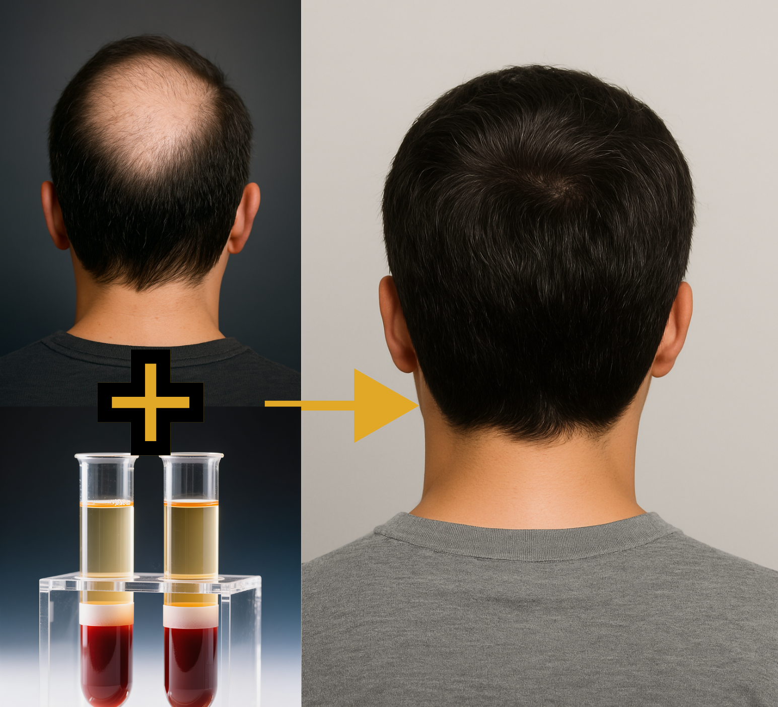 Comparison of a man's scalp showing baldness on the left before treatment, and fuller hair on the right after hair regrowth therapy, with a graphic of a plus sign and test tubes filled with various colored liquids indicating hair treatment.