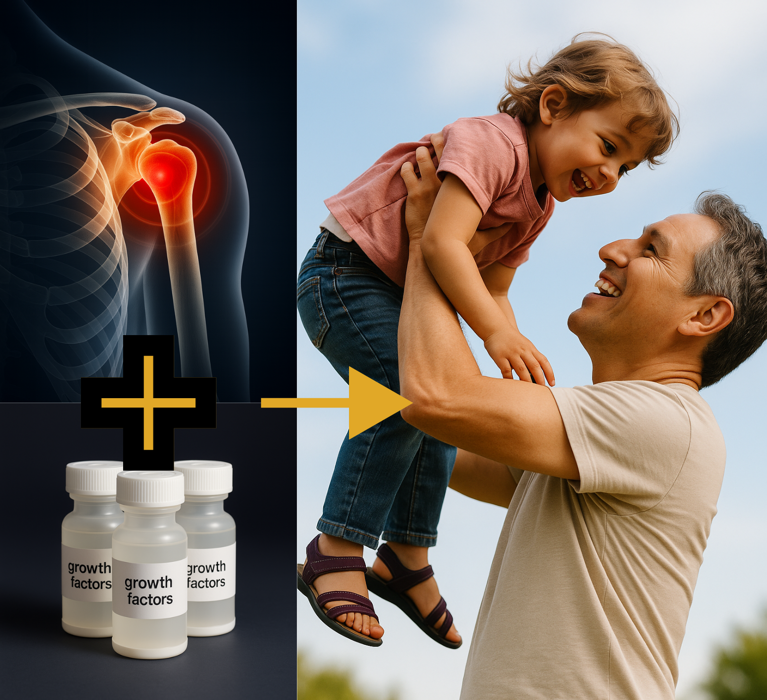 A happy grandfather lifting his smiling young grandson in the air outdoors. On the left, an illustration of a shoulder joint with pain highlighted, and bottles labeled 'growth factors' underneath, suggesting a treatment for joint pain or injury.