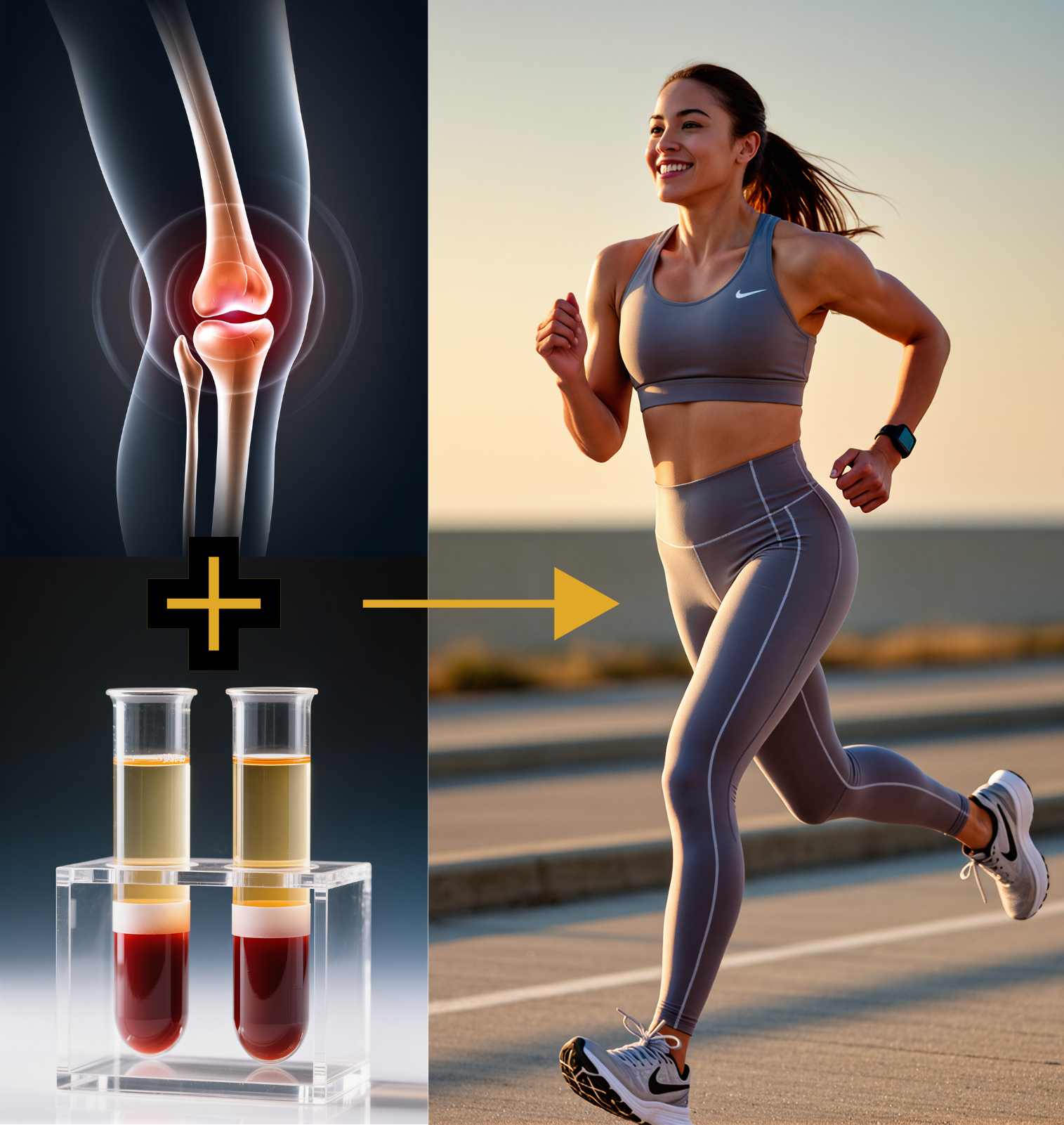A woman running outdoors at sunset with a focus on knee health and blood samples indicating inflammation or healing.