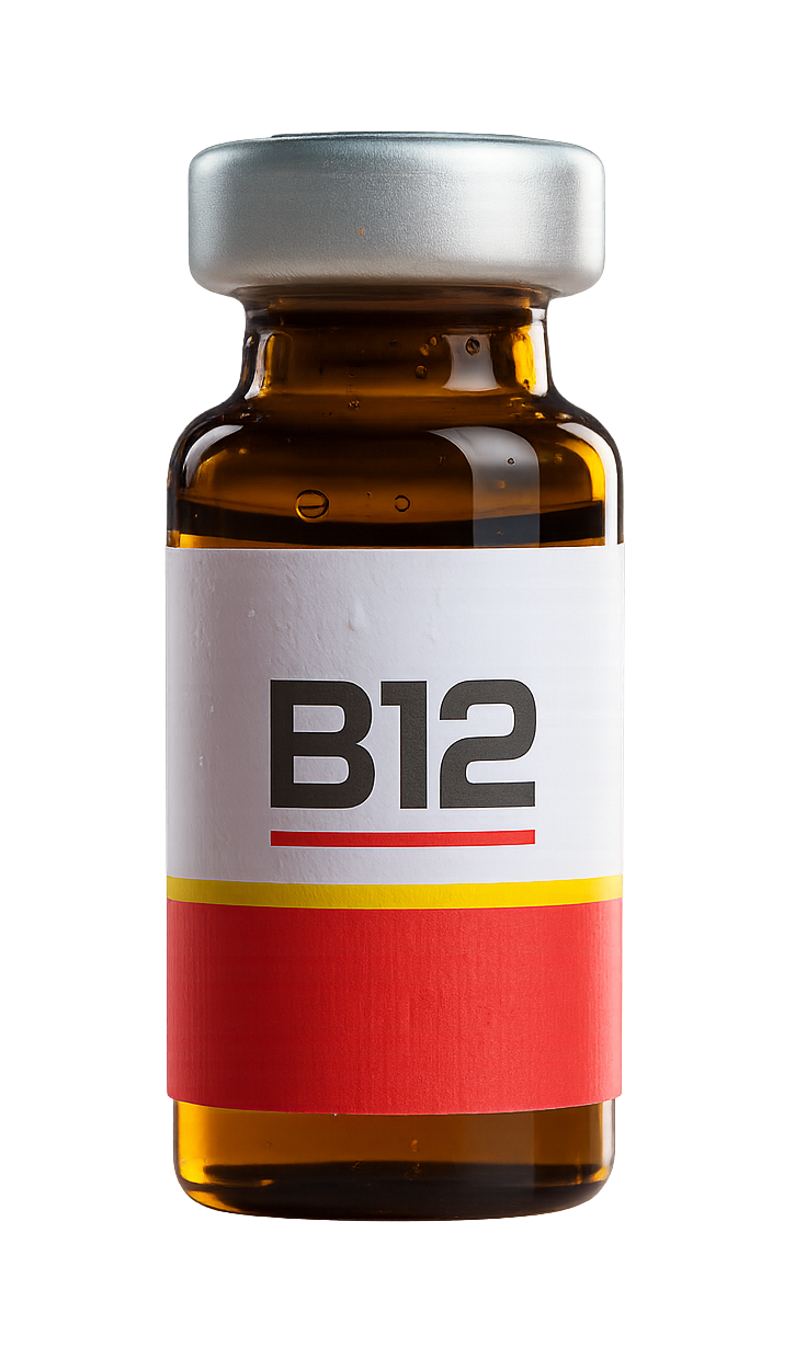 A small brown medicine bottle with a gray cap and a white label that has 'B12' printed in bold black letters, with a red and yellow stripe below it.