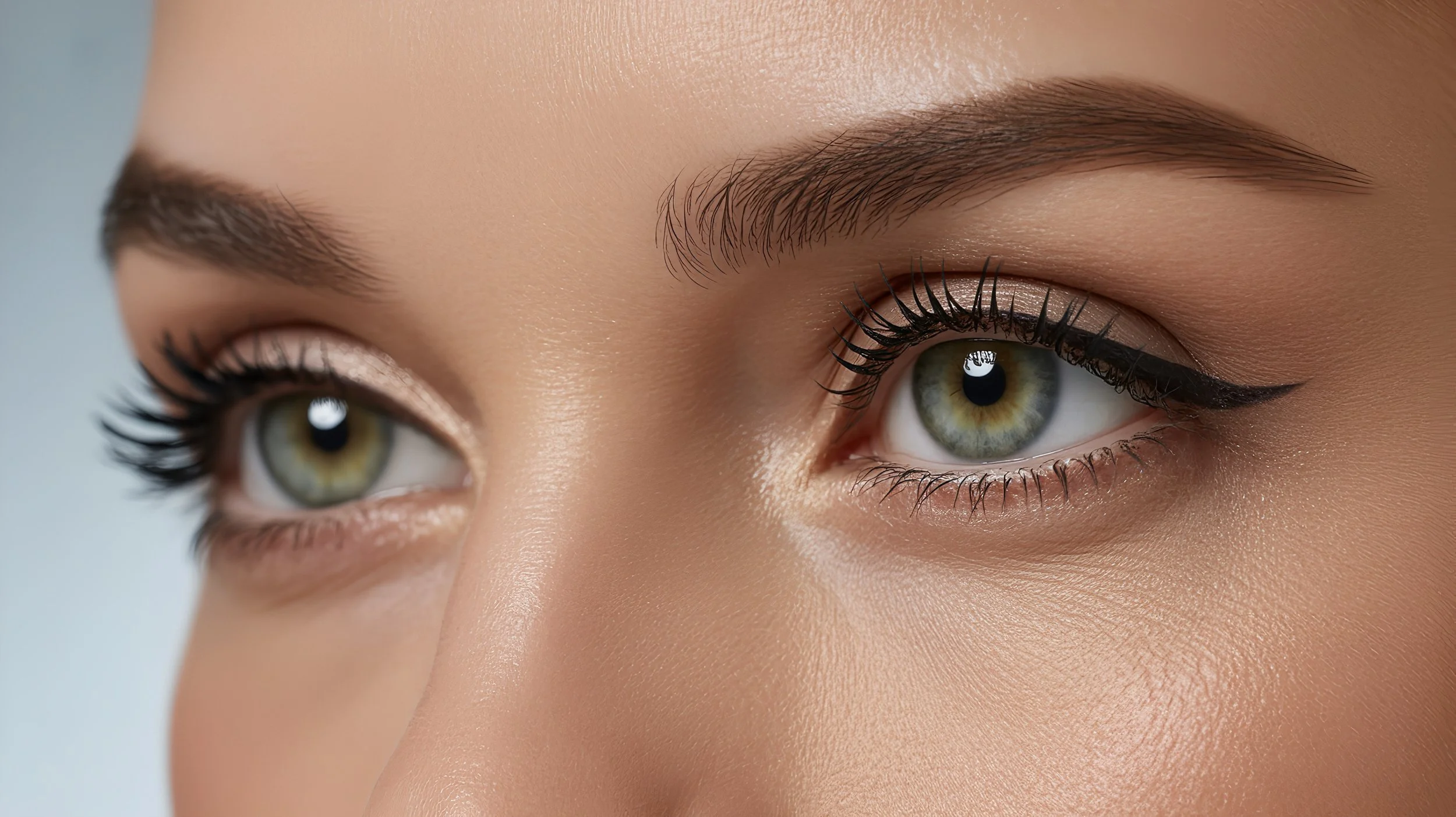 Close-up of a woman's face, focusing on her eyes with makeup, including eyeliner, eyeshadow, and long eyelashes, with smooth skin and well-groomed eyebrows.