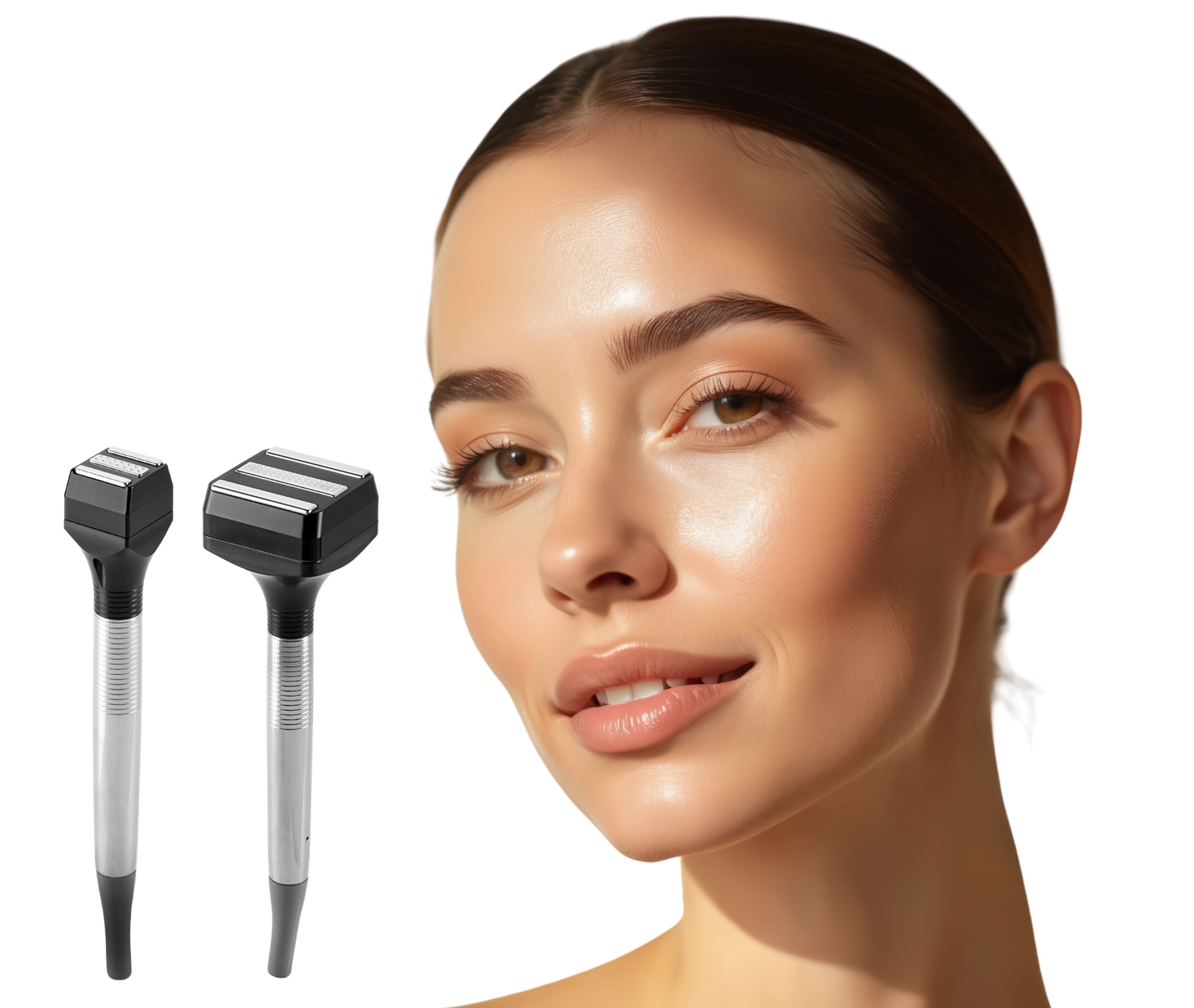 A woman with flawless skin and brown hair smiling softly next to two black and silver razors.