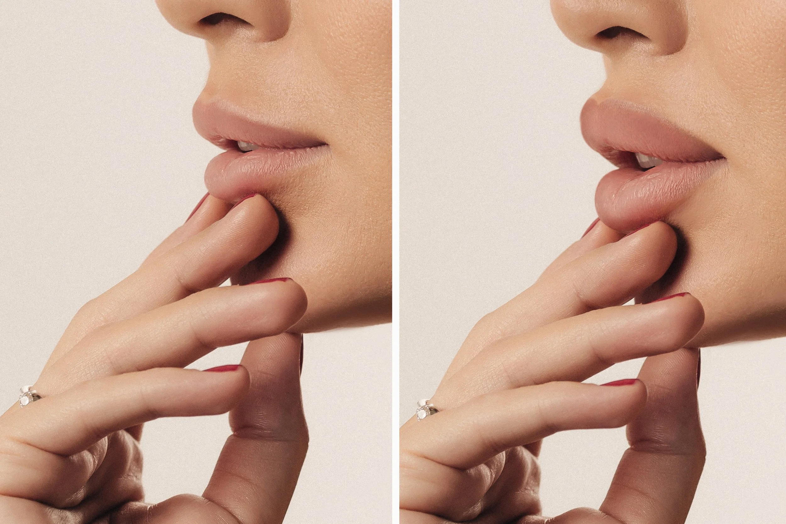 Close-up of a woman touching her chin with her fingers, with soft lighting highlighting her lips and skin, split with a mirror effect.