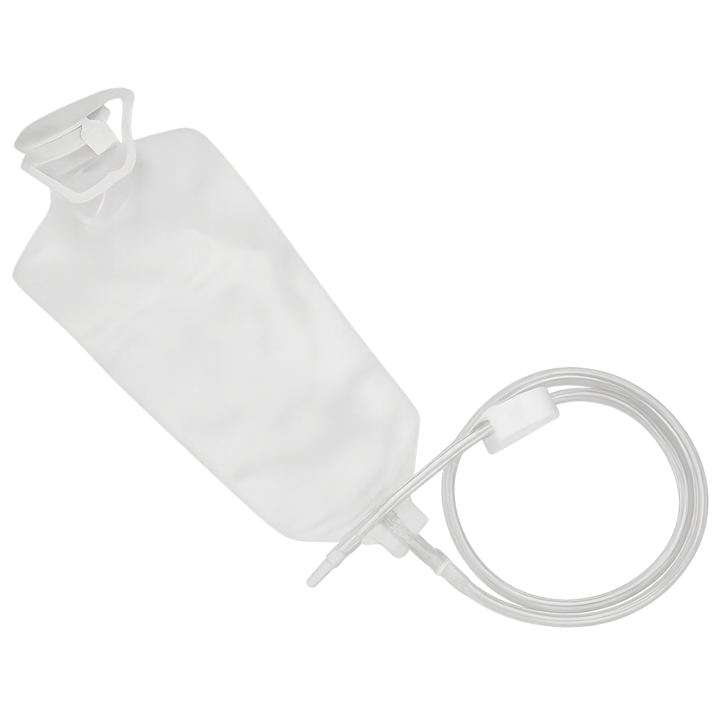 A plastic IV bag with tubing and a needle for medical infusion therapy