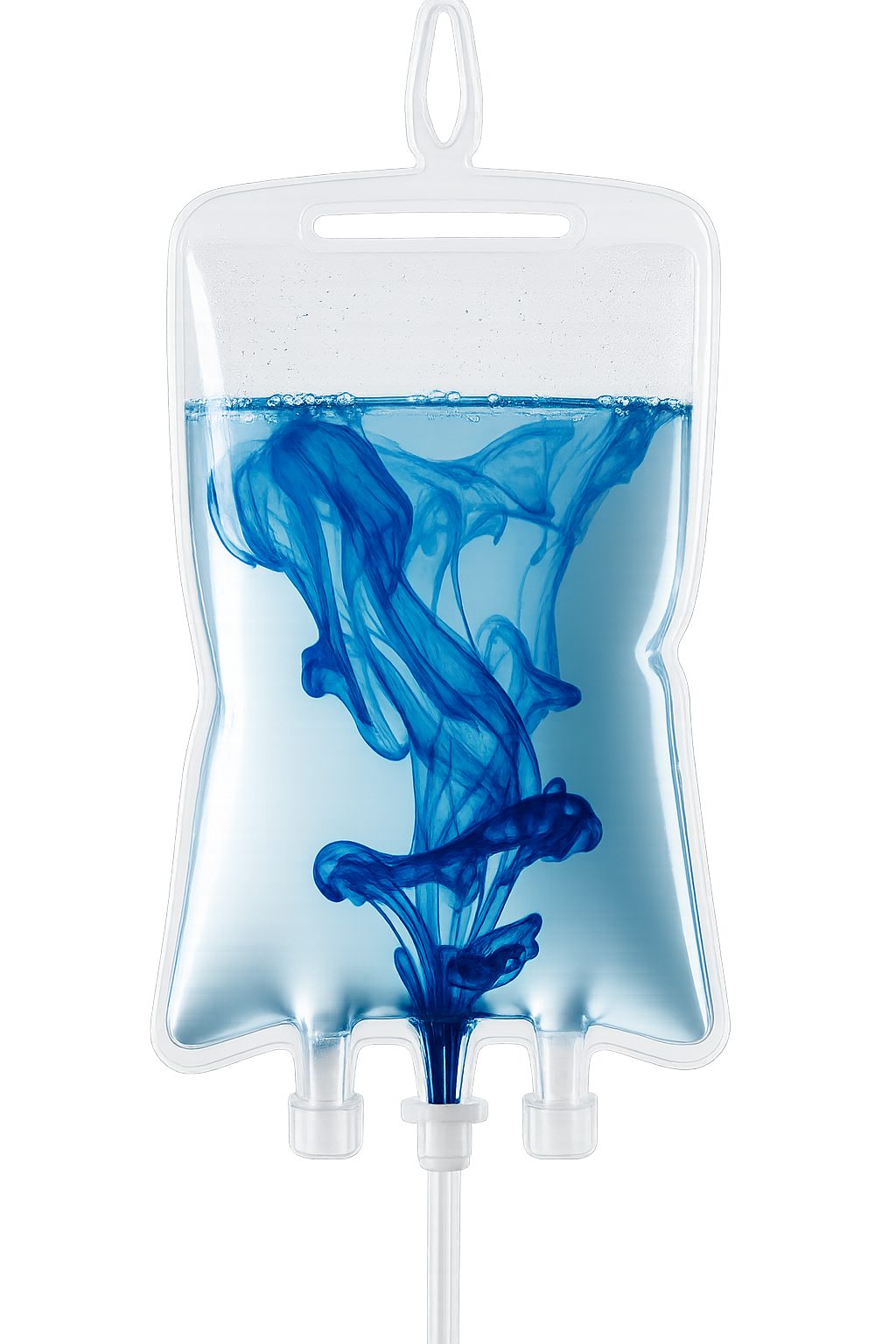 An IV drip bag with blue ink diffusing into water inside, creating swirling patterns.