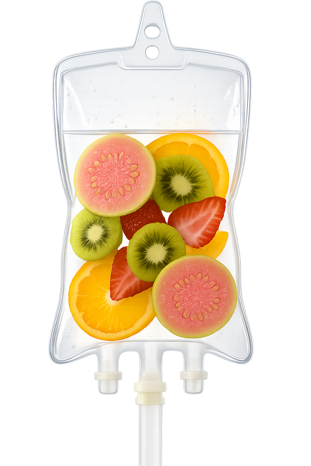 A medical IV bag filled with sliced colorful fruits, including kiwi, strawberries, oranges, and a melon.