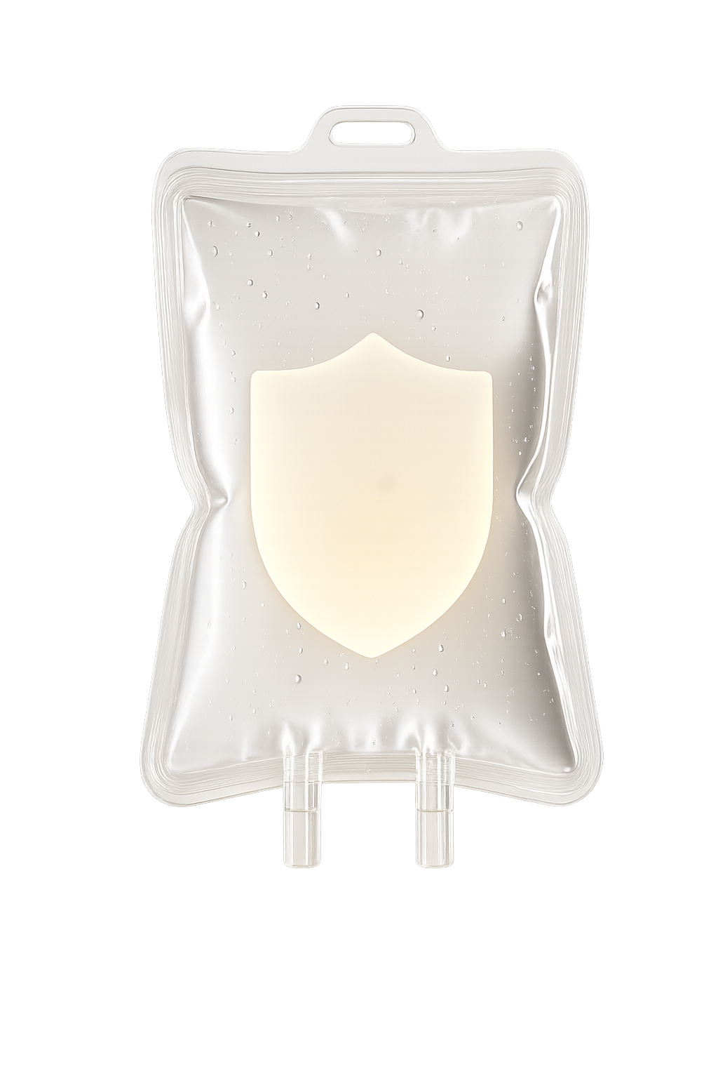 A clear medical IV bag filled with a liquid, with a shield symbol on the front, hanging against a dark background with colorful light reflections.