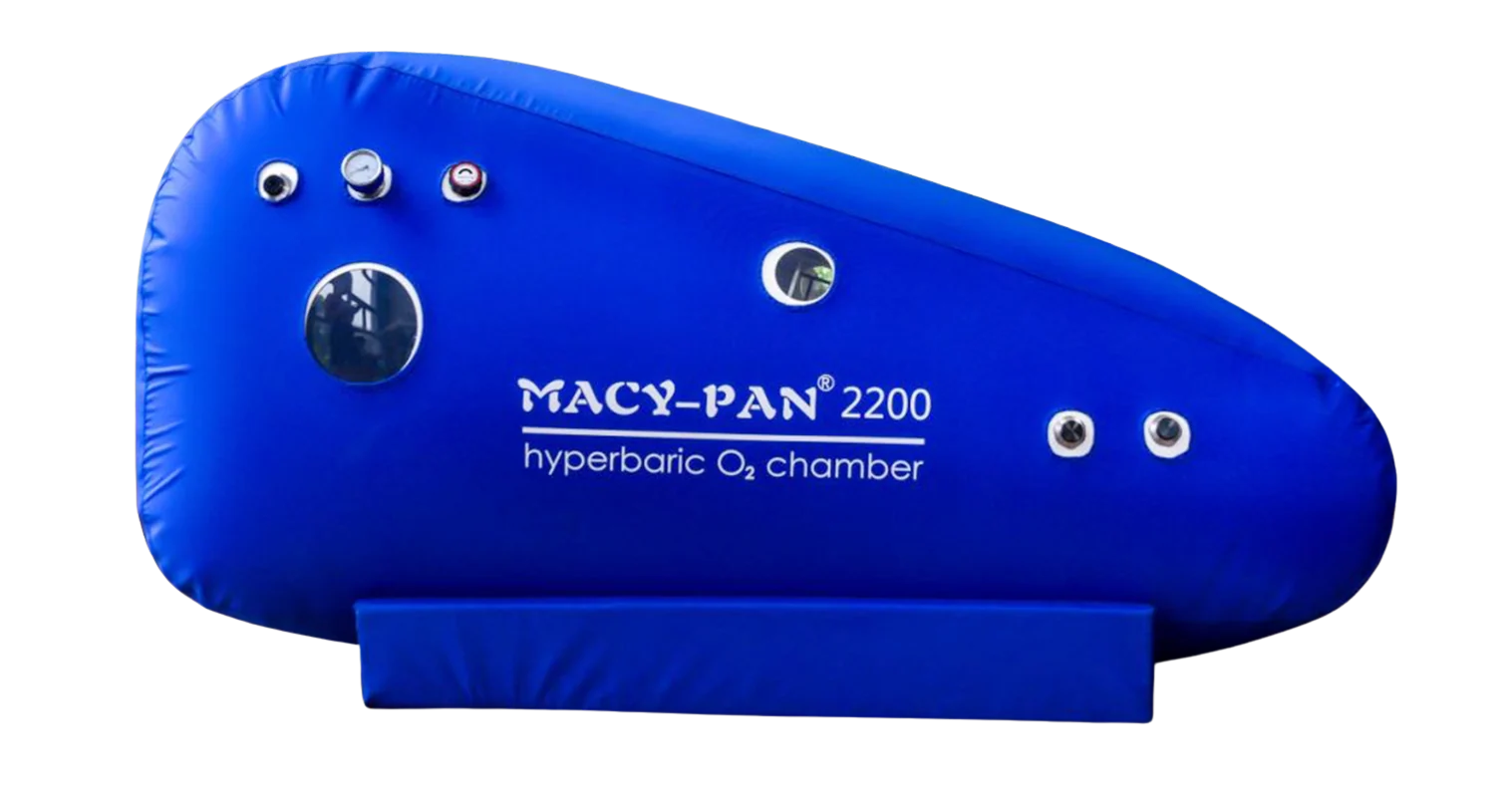 Blue hyperbaric oxygen chamber with the text "MACY-PAN 2200 hyperbaric O2 chamber" on it.