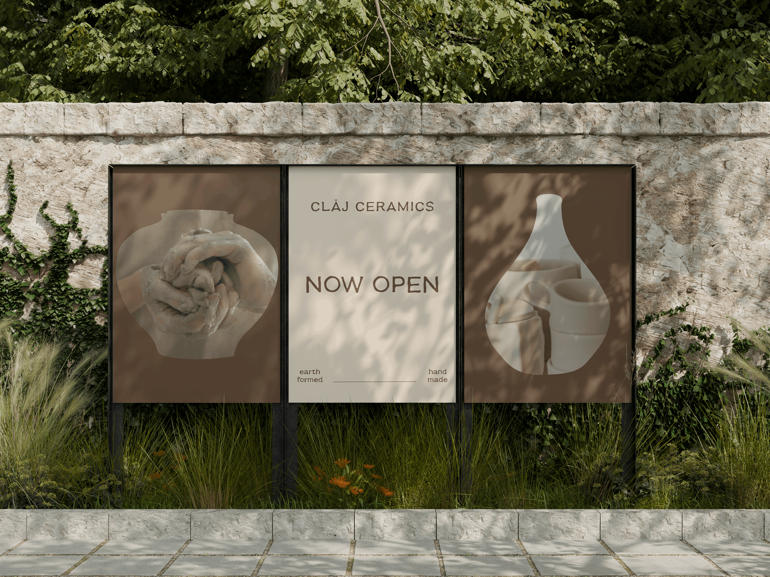 claj ceramics outdoor sign saying now open paired with branded photos of clay elements