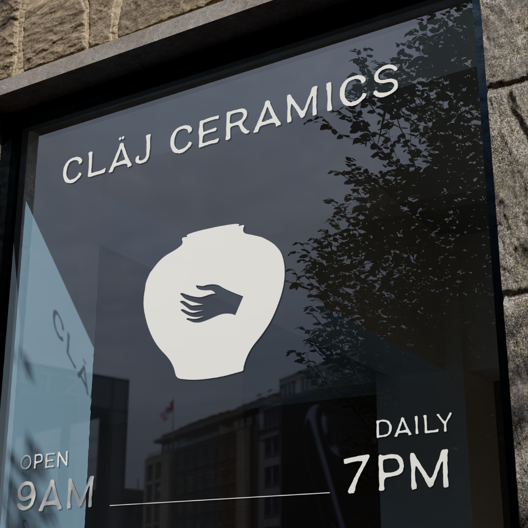 claj ceramics store front sign with branded logo and icon