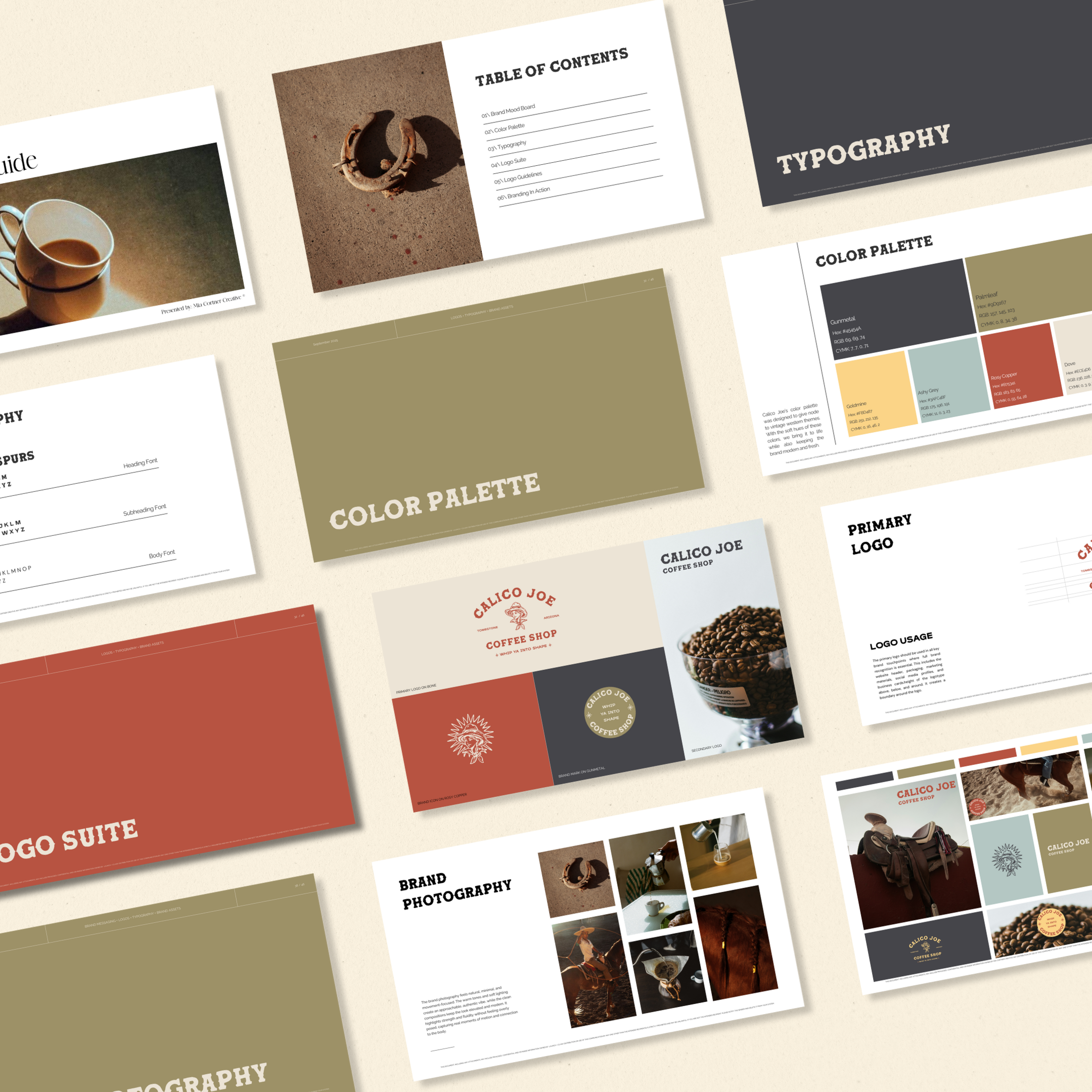 Collection of brand branding materials and presentation slides for Calico Joe coffee shop, including logo designs, color palette, typography, photography, and visual branding layout.