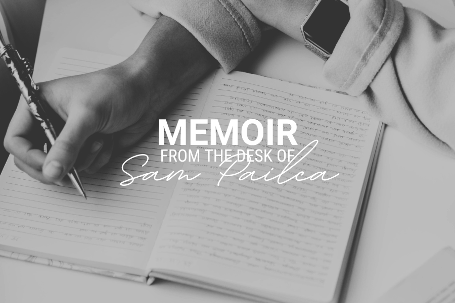 Woman sitting at table writing, words on front "Personal Essay from Sam Pailca".