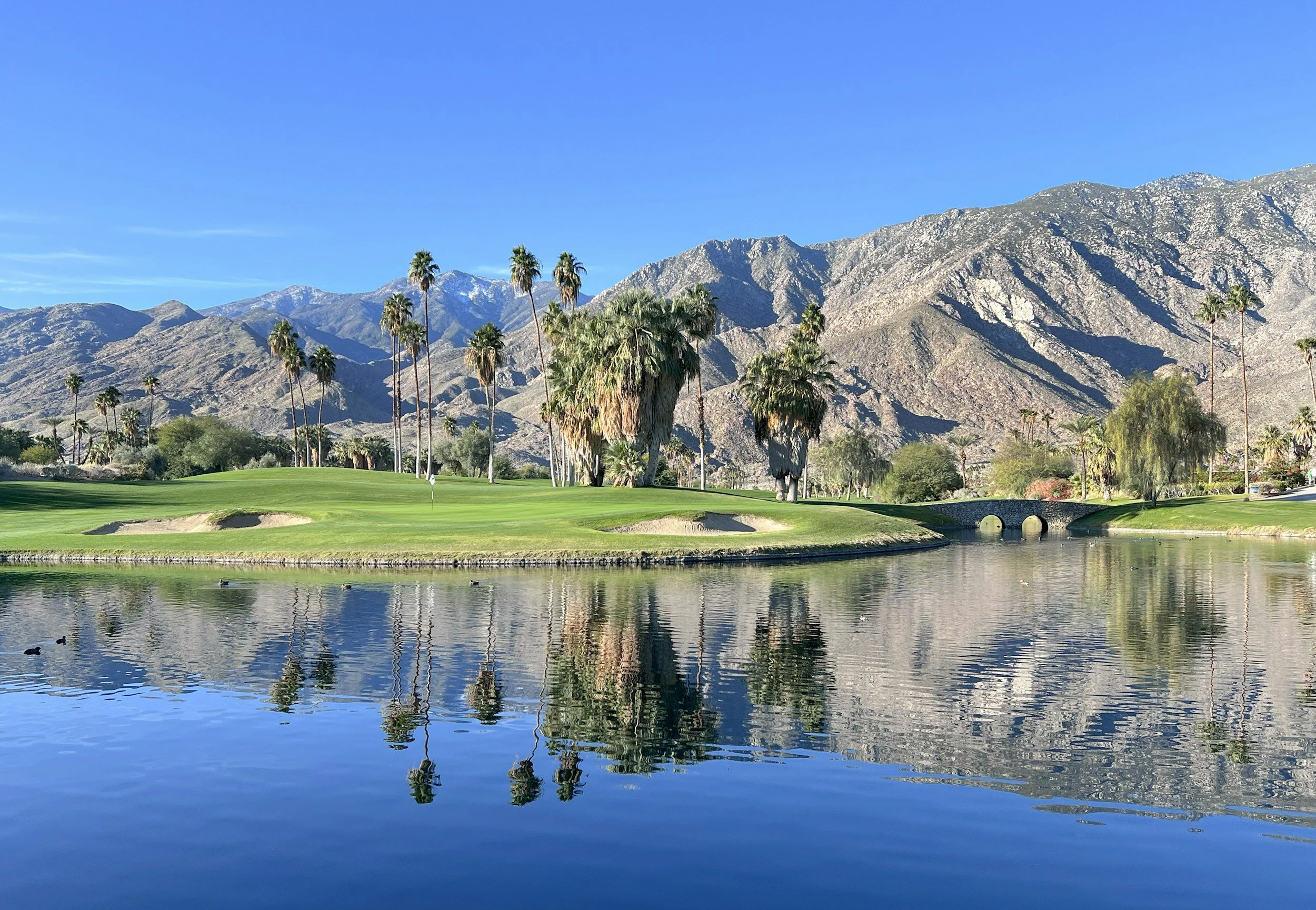 A scenic golf course with green fairways, palm trees, and a small stone bridge over a water hazard, with mountains in the background and a clear blue sky.