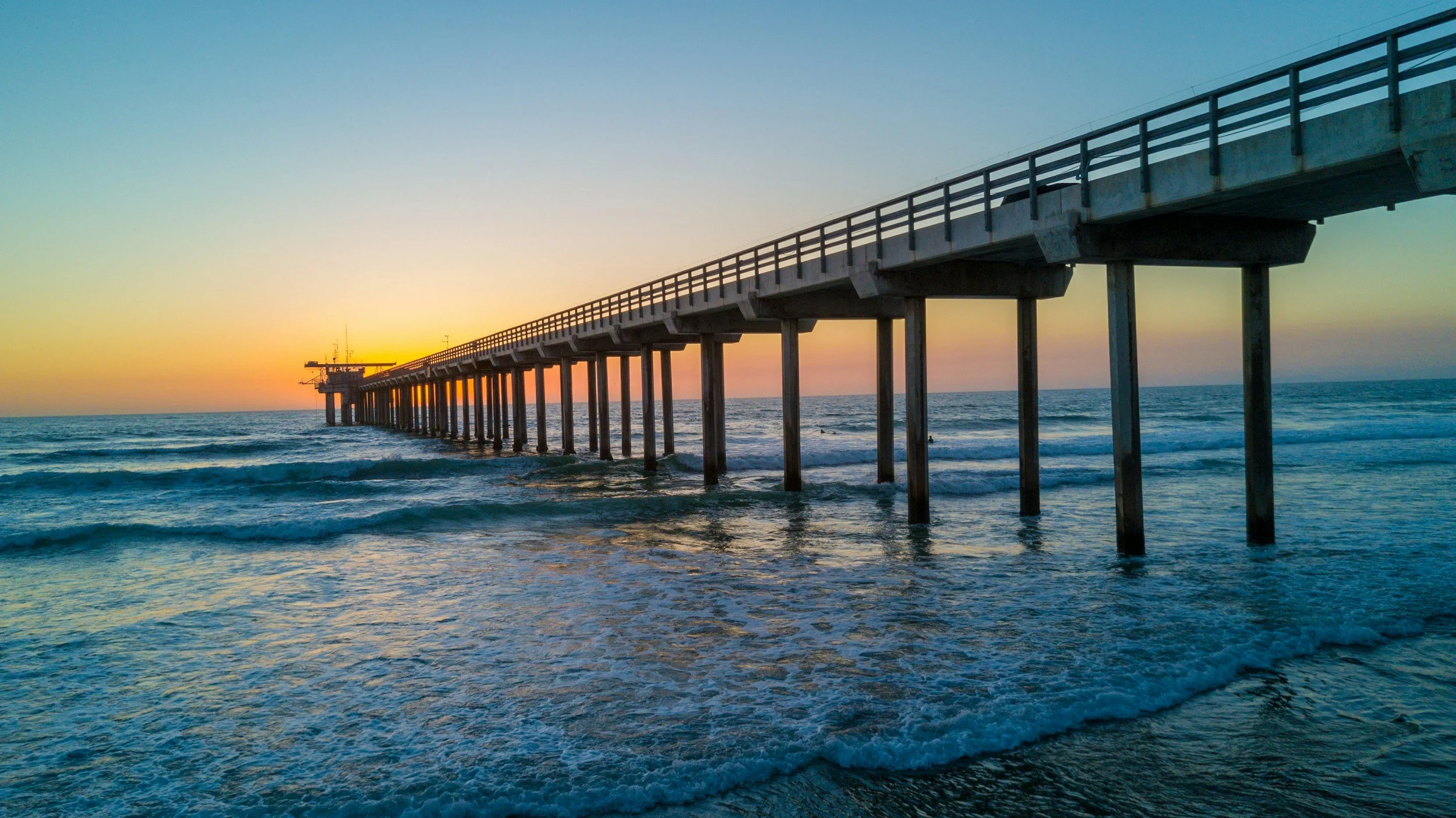 A photograph of the Scripps Pier at sunset.