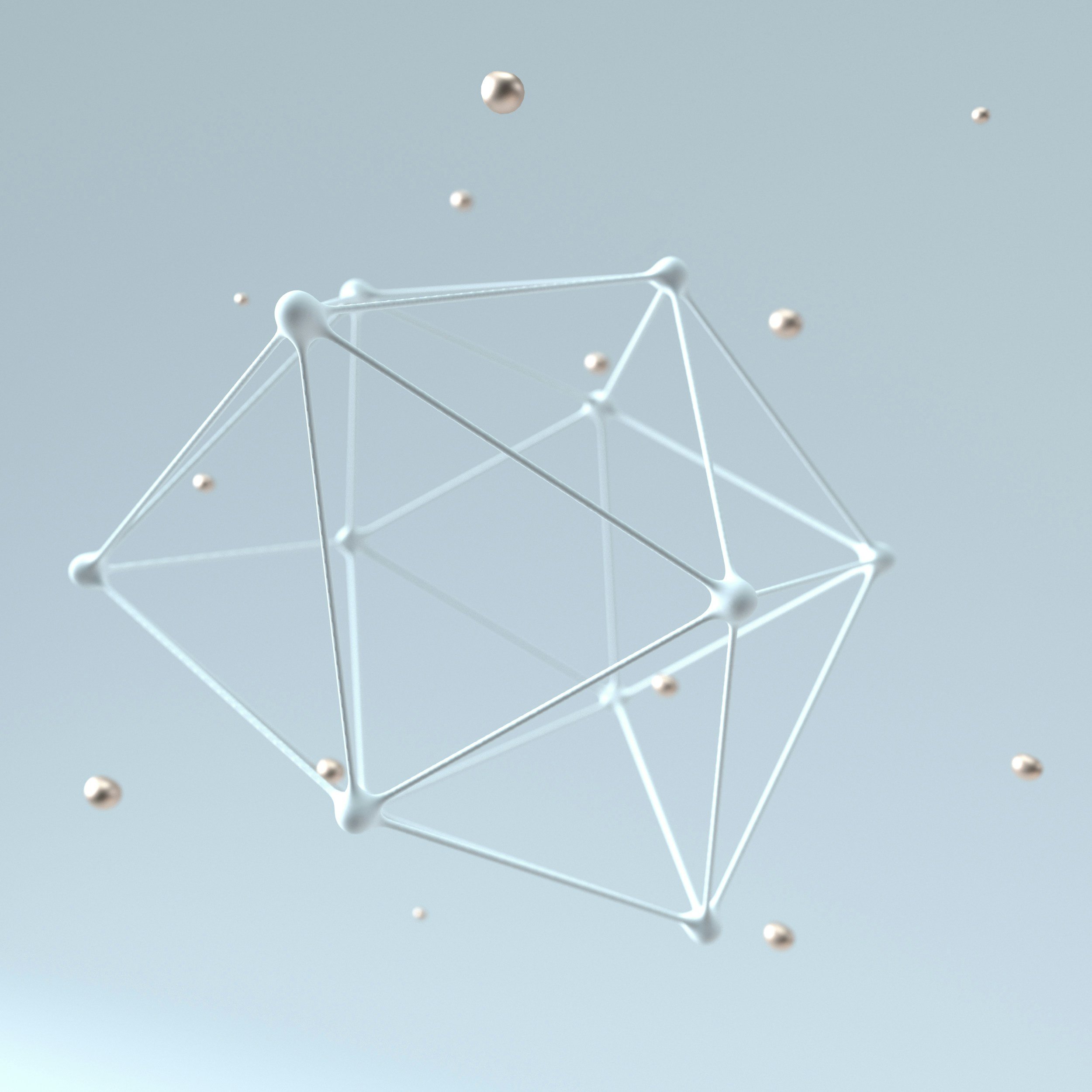 Digital illustration of a geometric 3D wireframe cube with rounded edges, surrounded by small metallic spheres on a light blue background.