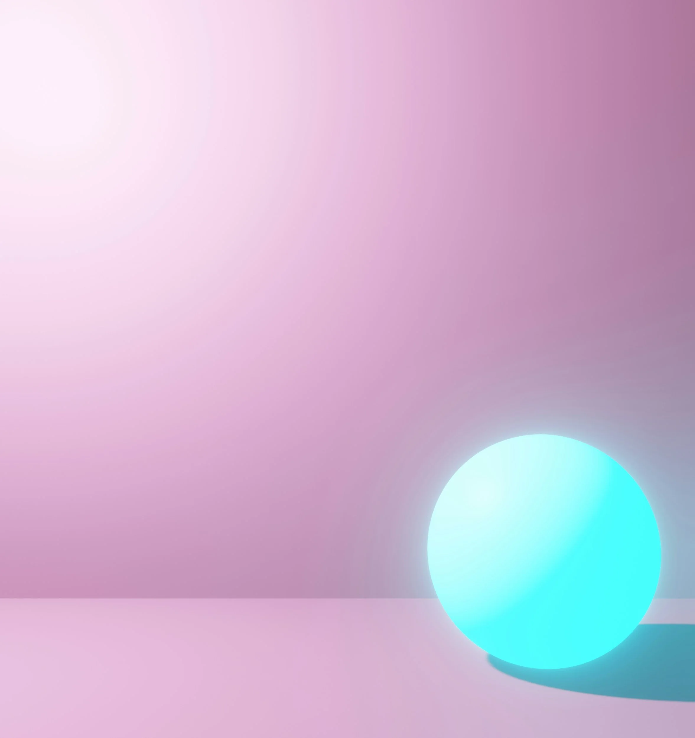 A glowing blue sphere resting on a pink surface with a pink-purple background.