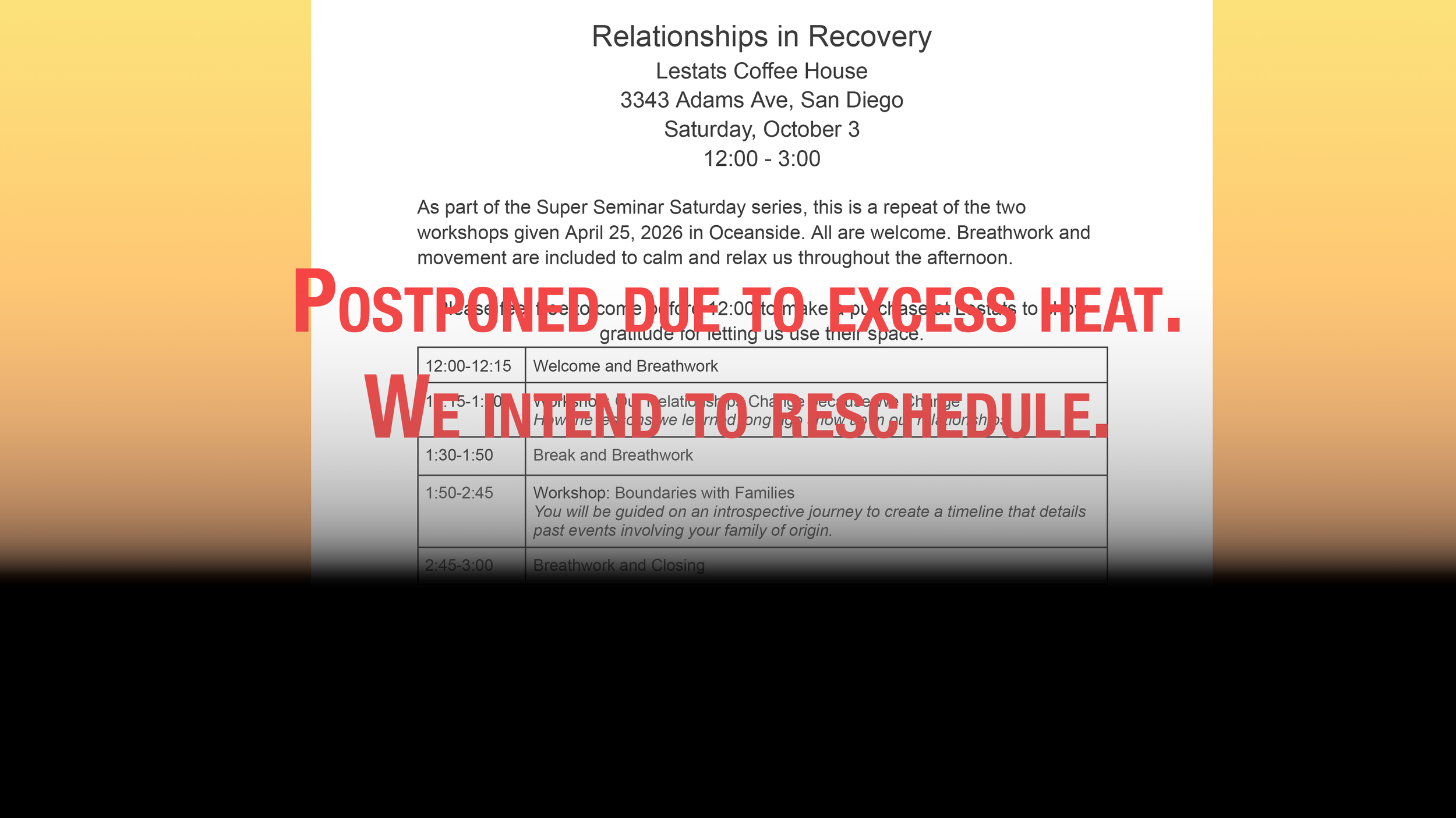 Postponed:  Relationships in Recovery