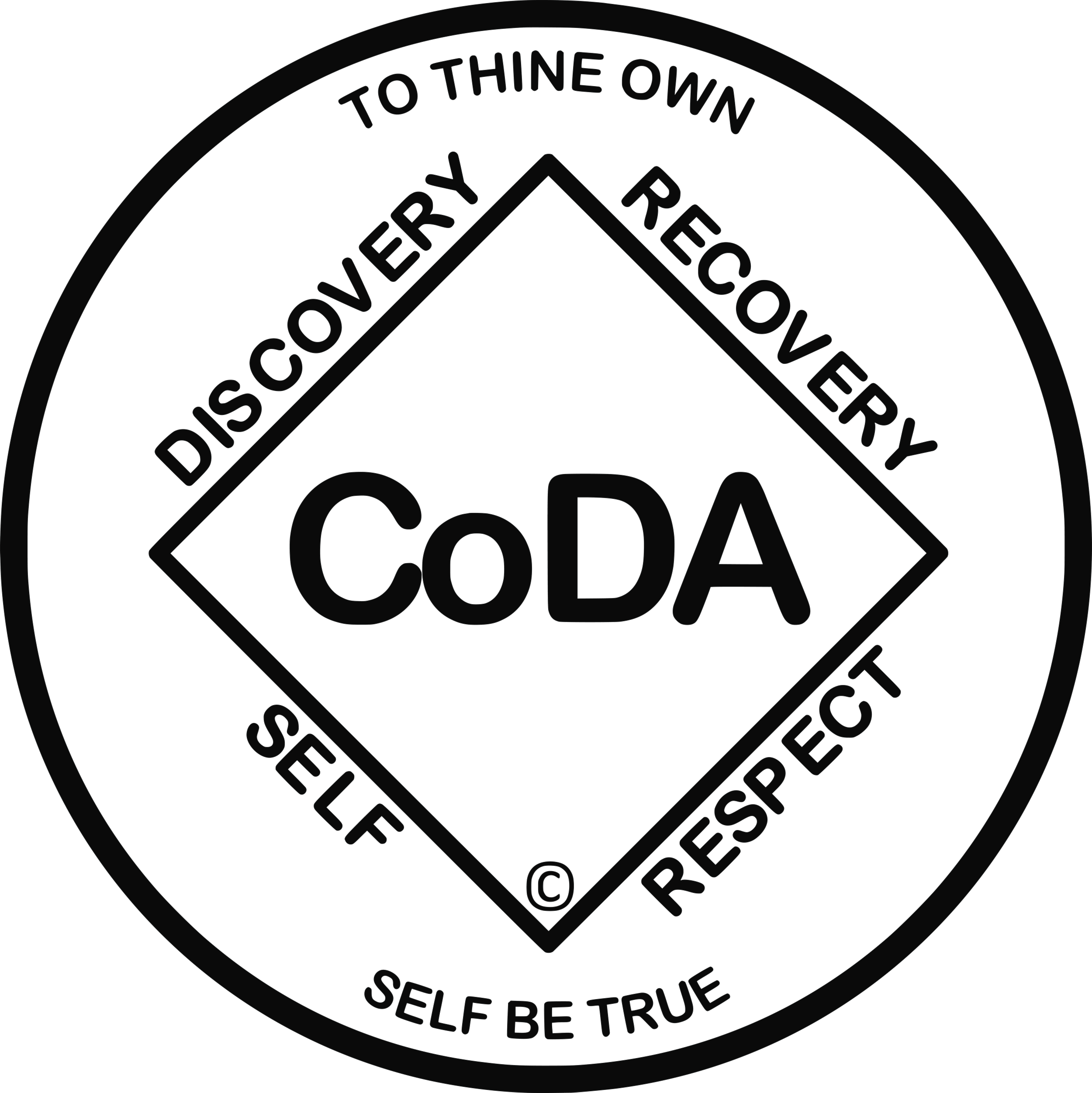 The CoDA Logo is a circle with the phrase "To Thine Own Self be True" and the words "Discovery", "Recovery", and "Self Respect".