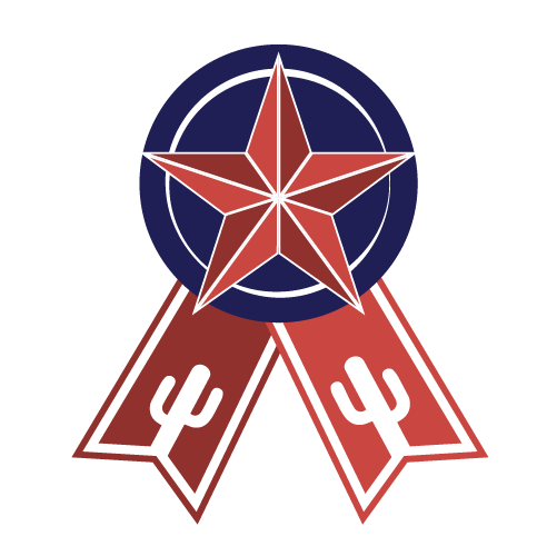 A red star with white outlines inside a blue circle with a white border, placed above two red ribbons with white cactus icons.