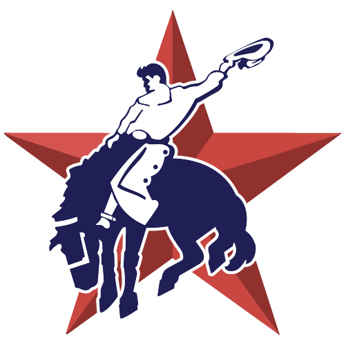 Stylized emblem of a man riding a horse in front of a red star.