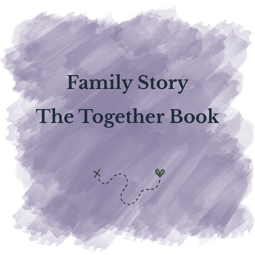 Cover of a family storybook titled 'Family Story The Together Book' with a purple watercolor background and a small dotted line with an X and a heart at the end.