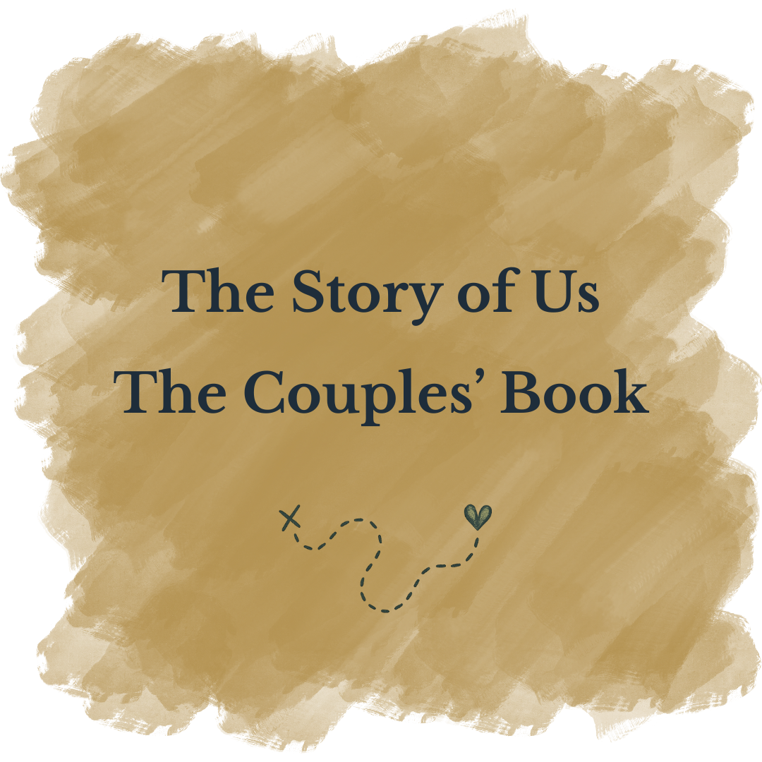 Cover of a book titled 'The Story of Us The Couples' Book' with a tan background and a decorative dashed line with a heart at one end.
