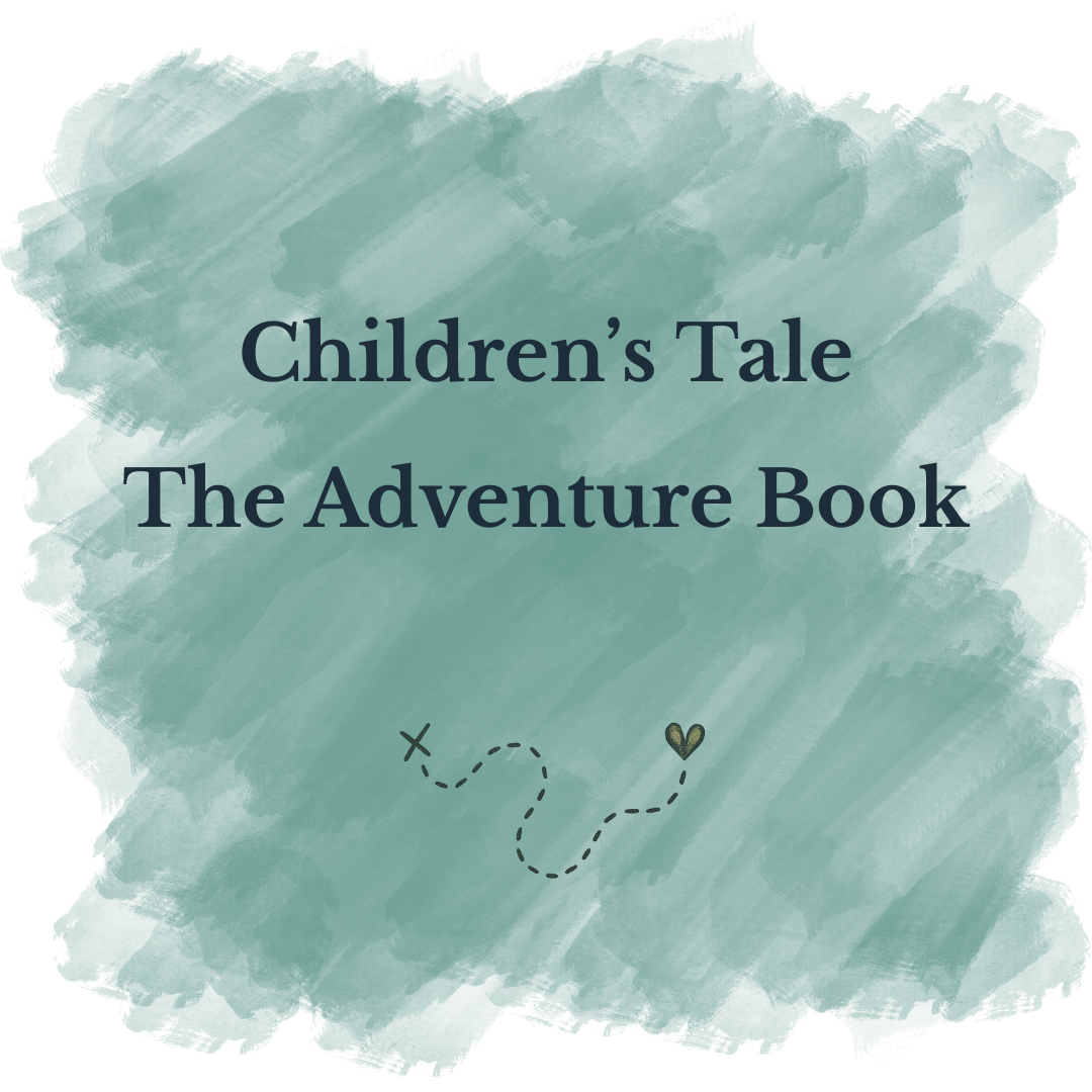 Cover of a children's adventure book titled 'Children’s Tale: The Adventure Book' with a light blue watercolor background, a dashed path, a small 'X', and a heart symbol.