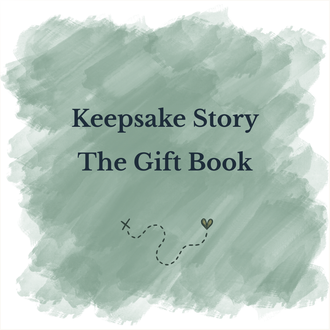 A soft, green watercolor background with black text that reads "Keepsake Story The Gift Book" and a small illustration of a dotted path ending with a heart.