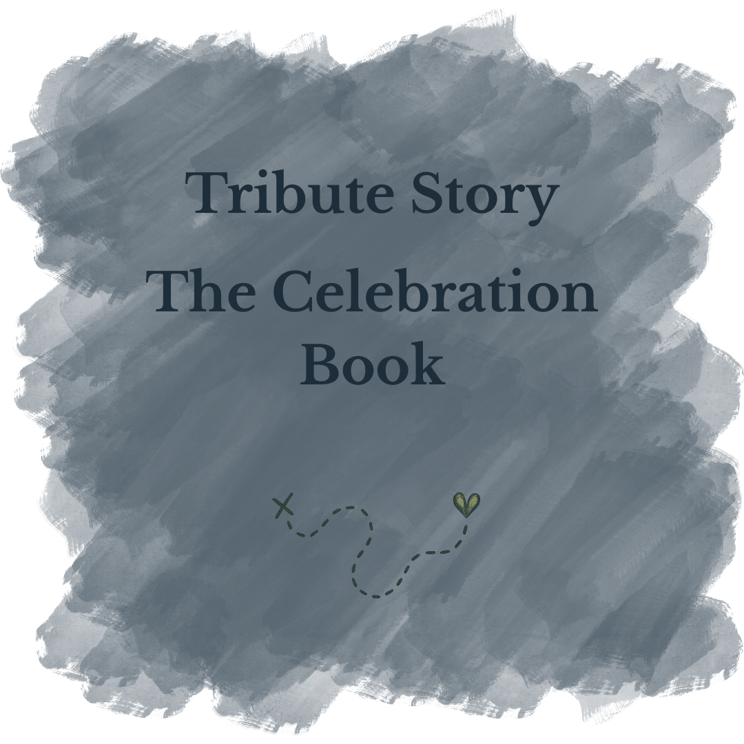 Cover of Tribute Story: The Celebration Book with a blue, torn paper background and a small decorative dotted line with a heart at the end.
