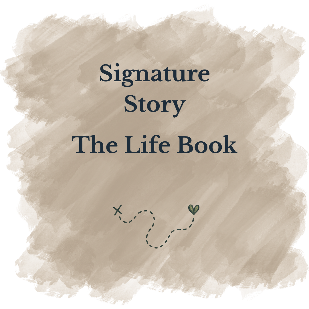 A beige, textured background with the text "Signature Story The Life Book" in dark blue. A small, dashed line with a heart at the end and an X at the start is also present.