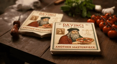 A chess set in front of a box of Da Vinci puzzle-looking game, with cherry tomatoes and fresh herbs in the background on a wooden surface.