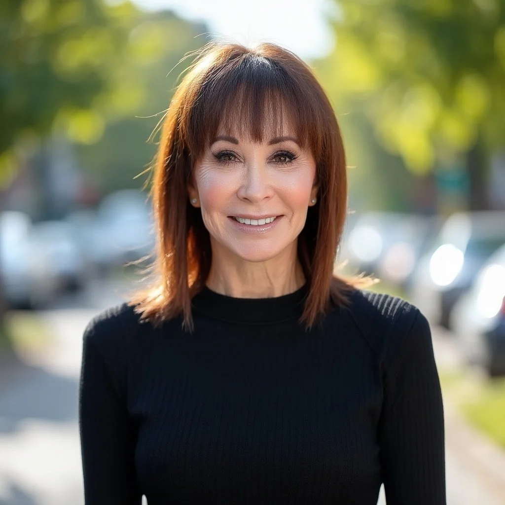 A woman with shoulder-length reddish-brown hair smiling outdoors with blurred trees and cars in the background.