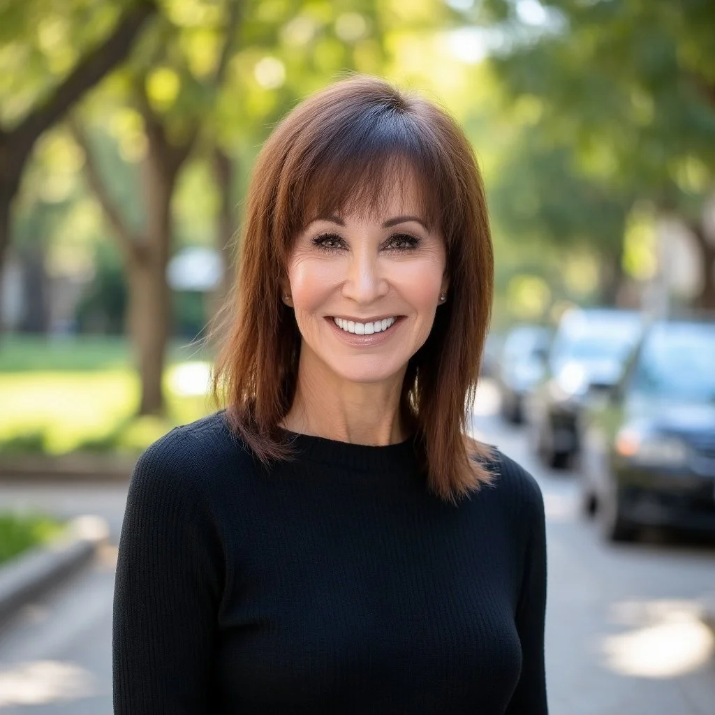 A woman with shoulder-length brown hair smiling outdoors on a sunny day, wearing a black top with a background of trees and parked cars.