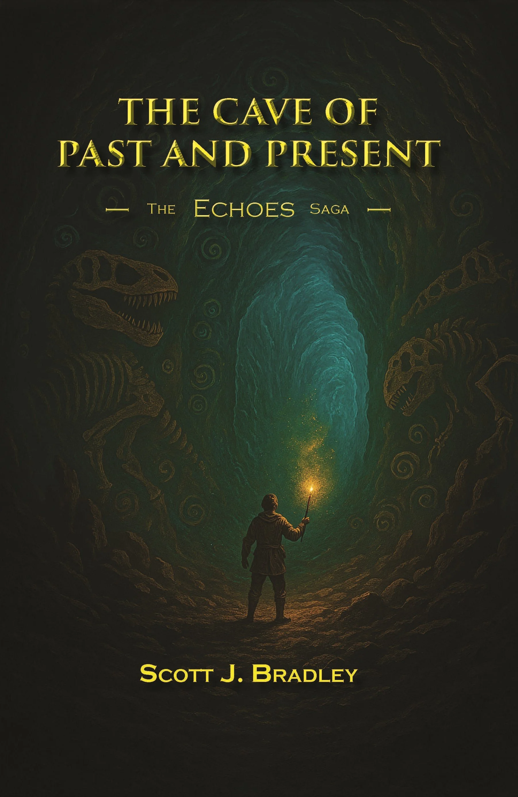 Fictional book cover for "The Cave of Past and Present" by Scott J. Bradley. It depicts a person holding a lit torch inside a mysterious, swirling cave with dinosaur skeletons visible on the sides, and a glowing light emanating from the depth of the cave.