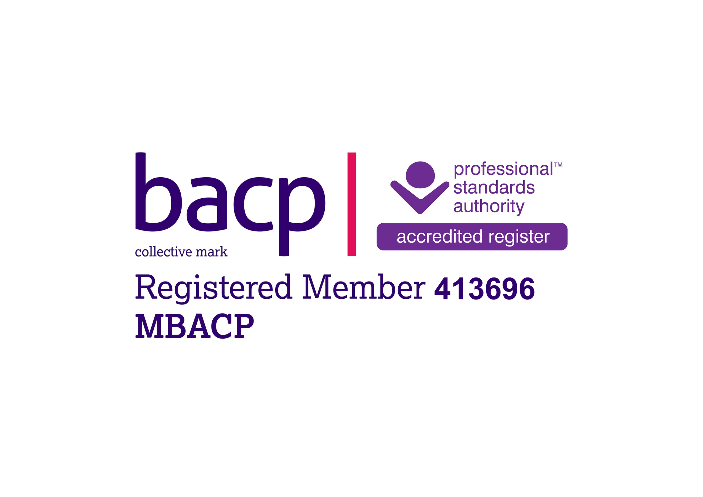 BACP accreditation badge with text 'Registered Member 413696 MBACP' and a purple icon of a person with a check mark, indicating approved membership and professional standards.