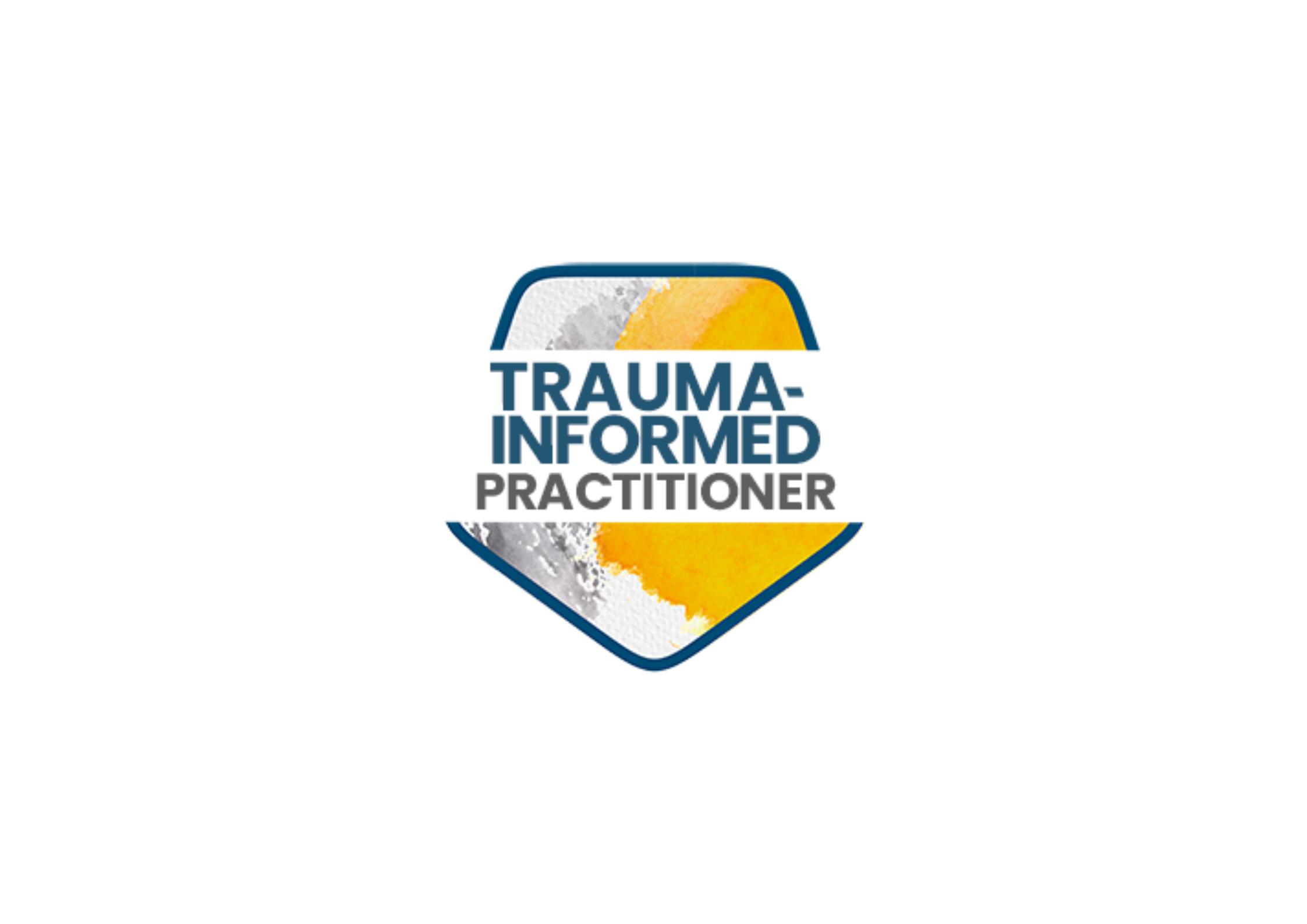 Logo for Trauma-Informed Practitioner with a shield design, incorporating grey, white, and yellow colors.