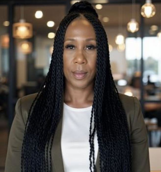 A woman with long black braids sitting in a modern cafe or restaurant with warm lighting and blurred background.