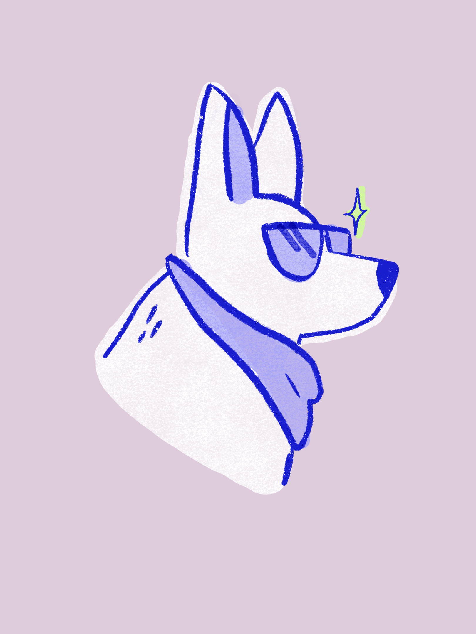 Stylized drawing of a dog wearing sunglasses and a scarf, with a sparkle near its face, on a purple background.