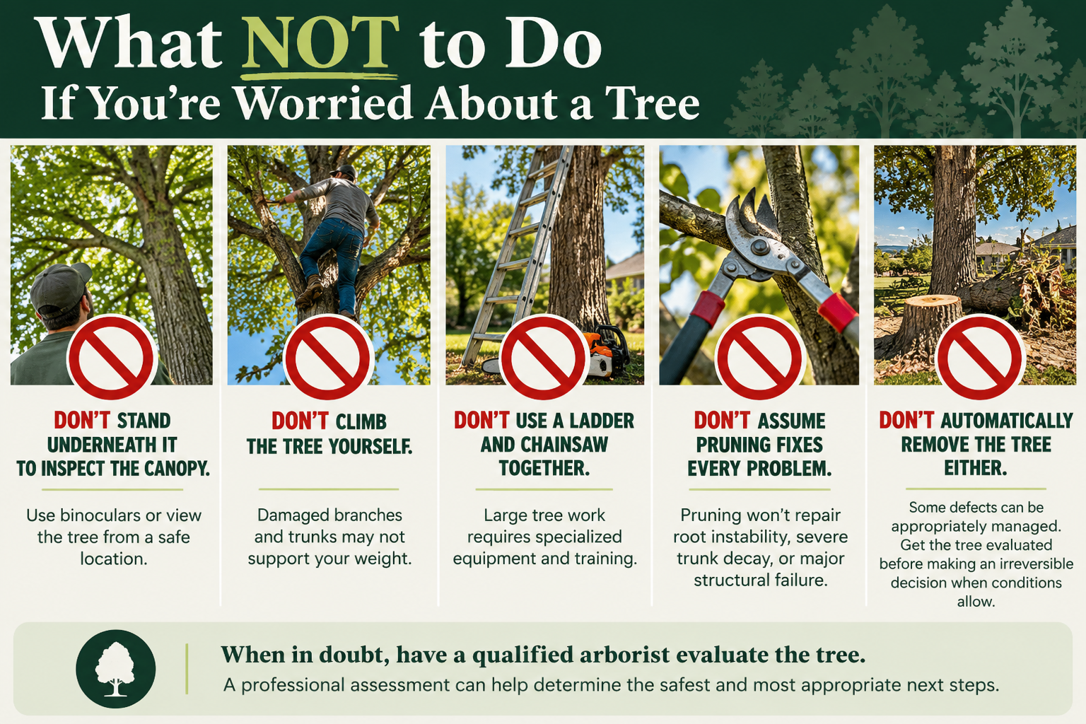Tree safety infographic showing what homeowners should not do when concerned about a dangerous tree