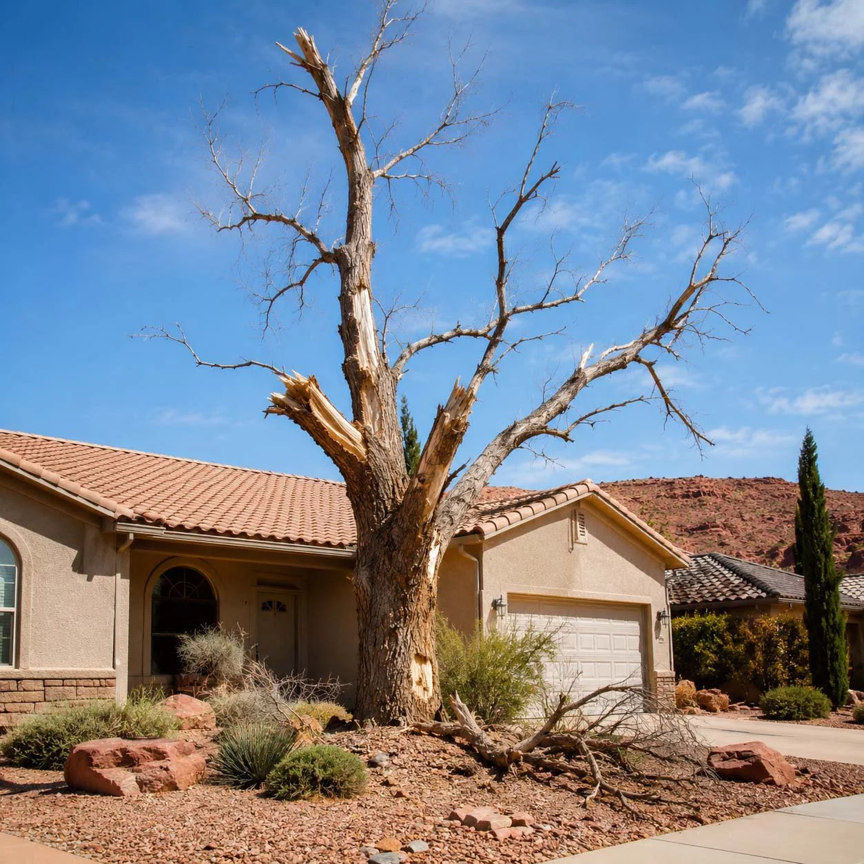 Severely storm-damaged tree that needs to be removed beside a home in St. George, Utah