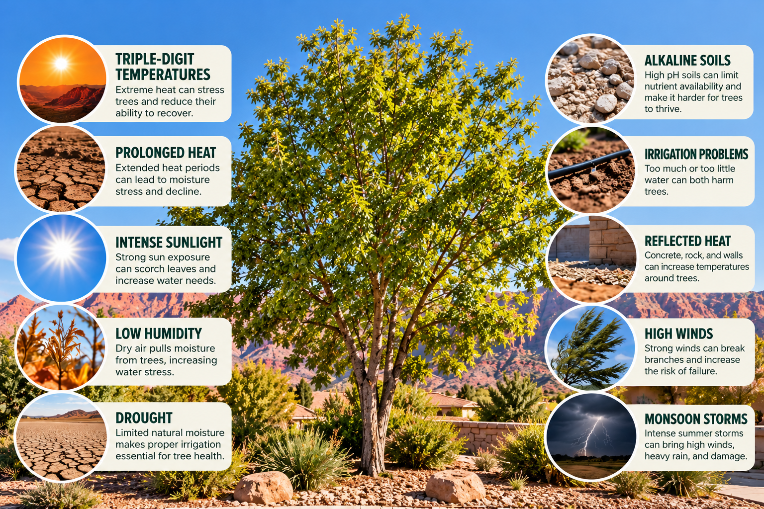Common Southern Utah tree stressors including extreme heat, drought, alkaline soil, high winds and monsoon storms