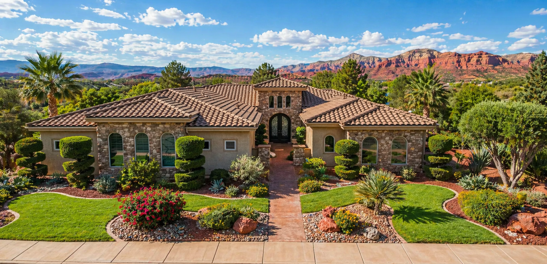 Luxury home in Ivins Utah with professionally pruned trees, desert landscaping, and red rock mountains showcasing expert tree service and arborist care