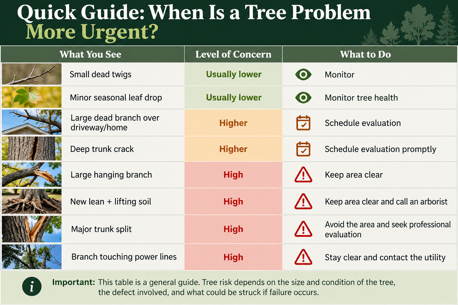 Tree safety guide showing when common tree problems require professional evaluation in Southern Utah